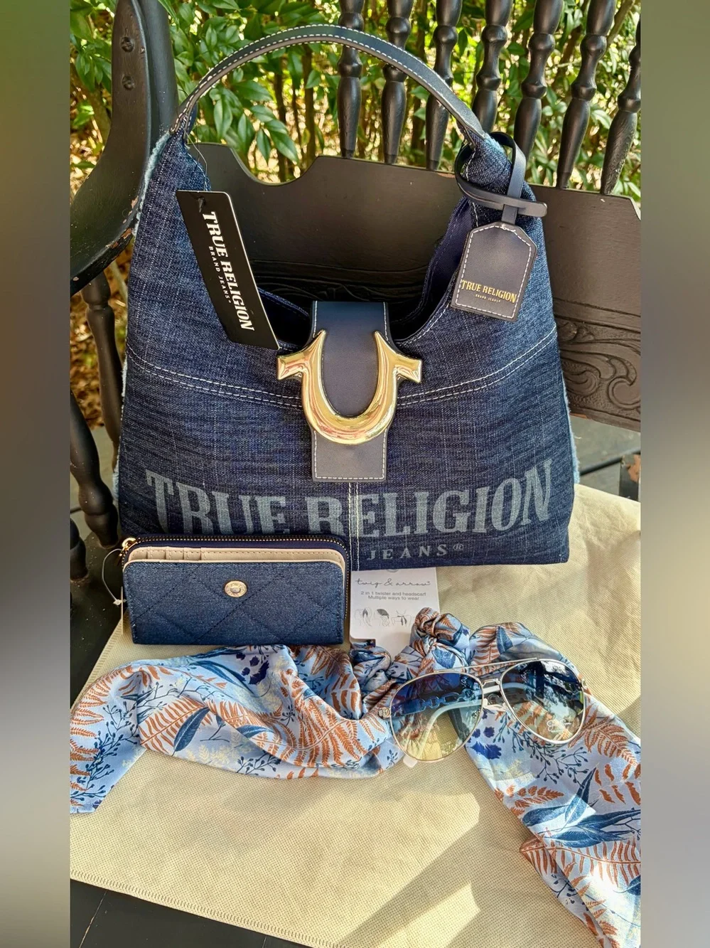 NWT TRUE RELIGION Denim Hobo Bag , Denim Wallet, Jessica S. Sunglasses & Scarf